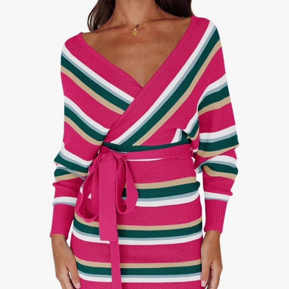 NIP Saodimallsu Sexy Striped‎ V-Neck Mini Dress - XL - Pink & Green Knit